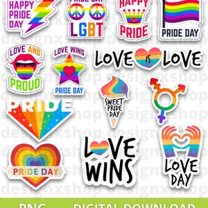 May include: A collection of colourful Pride-themed stickers featuring rainbow patterns, hearts, stars, and text including Happy Pride Day, Love Wins, and Love is Love. The designs incorporate various symbols like a lightning bolt, glasses, and ice cream.