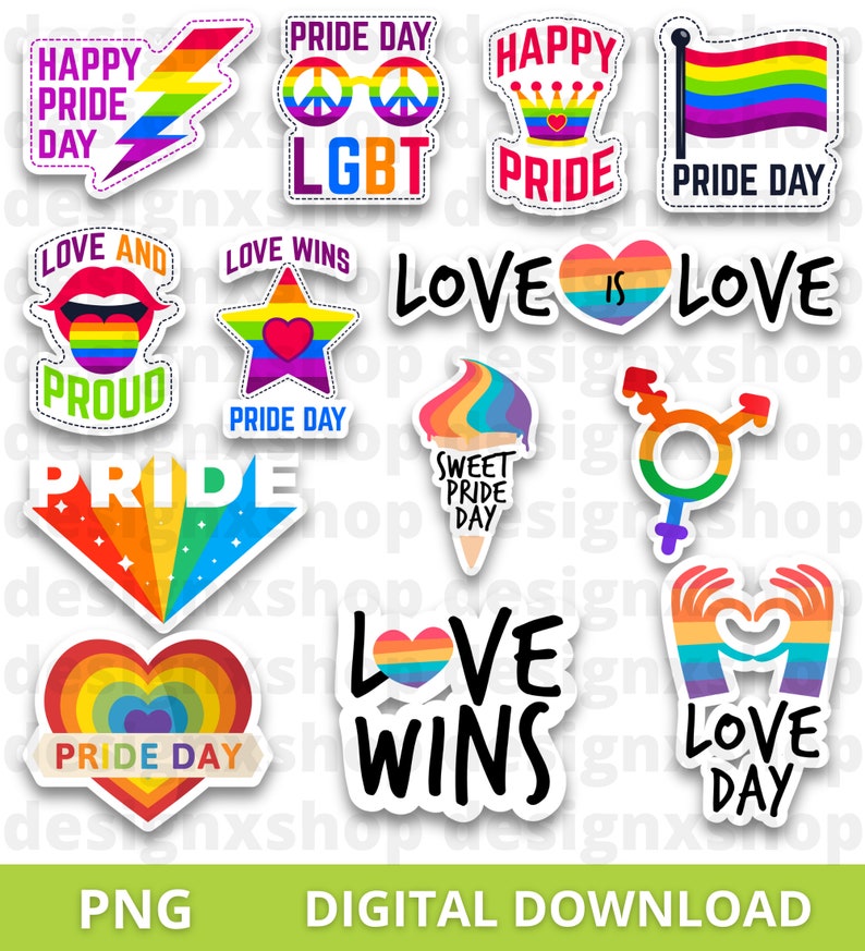 May include: A collection of colourful Pride-themed stickers featuring rainbow patterns, hearts, stars, and text including Happy Pride Day, Love Wins, and Love is Love. The designs incorporate various symbols like a lightning bolt, glasses, and ice cream.