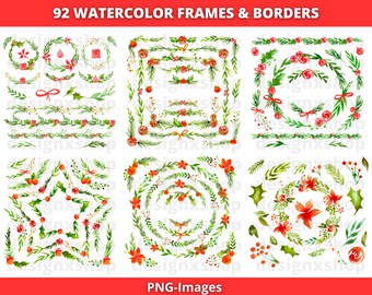 Watercolor Christmas greenery clipart bundle. Winter border PNG garland wreath Holiday greeting card Holly frame Digital graphic image