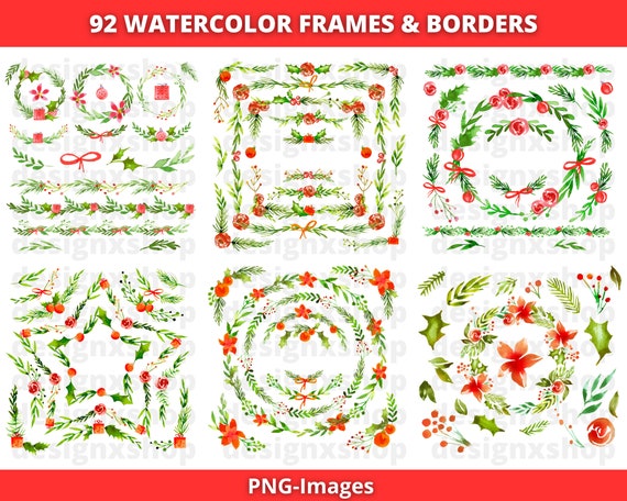 Watercolor Christmas Clipart, Christmas Branches Leaves, Watercolor Christmas greenery clipart, Winter border wreath Frames greeting card