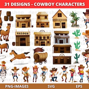 Cowboy Characters Clipart, Horse Clipart, Cowboy Clipart, Western clipart, Mexico Clipart, Cactus Clipart, Instant Download SVG and PNG
