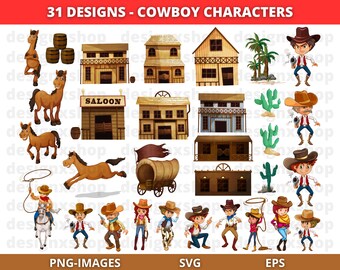 Cowboy Characters Clipart: Western Graphics, Horse & Cactus (SVG, PNG)