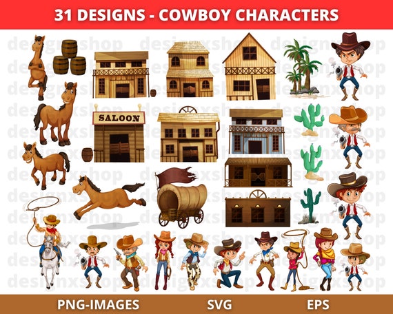 Cowboy Characters Clipart, Horse Clipart, Cowboy Clipart, Western clipart, Mexico Clipart, Cactus Clipart, Instant Download SVG and PNG