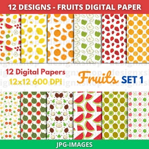 Zestaw papieru cyfrowego Fruits | Bezszwowy papier cyfrowy Fruits | Wzór owoców | Tło owoców latem | Papier do scrapbookingu | Papier letni | JPG