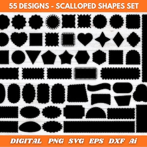 Puede incluir: Un conjunto digital de 55 formas festoneadas negras en varios diseños, incluyendo círculos, cuadrados, corazones y más. Las formas se muestran sobre un fondo de madera blanca. El texto en la parte superior dice "55 DESIGNS - SCALLOPED SHAPES SET".
