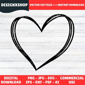 Könnte beinhalten: Schwarz umrandete Herz-Vektordatei auf weißem Holzmaserungshintergrund. Der obere Teil des Bildes enthält den Text "VECTOR CUT FILES... INSTANT DOWNLOAD". Der untere Teil des Bildes enthält den Text "DIGITAL DOWNLOAD" und "COMMERCIAL USE".