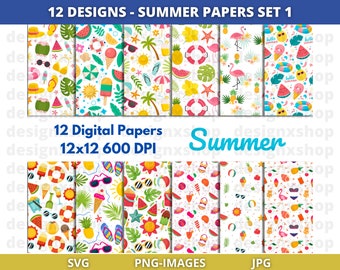 Summer Digital Paper Set | Beach Digital Paper | Fruits Digital Paper | Flamingo Floats Paper | Ice Cream paper | Instant Download PNG JPG