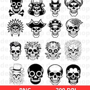 Puede incluir: Conjunto de 16 ilustraciones de calaveras en blanco y negro. Las calaveras son de varios estilos, incluyendo tradicional, calavera de az&uacute;car y dibujos animados. Las ilustraciones son perfectas para usar en proyectos digitales, manualidades y m&aacute;s.