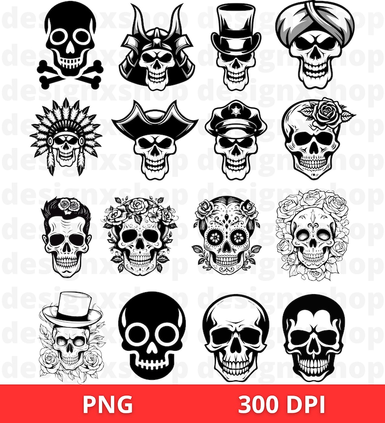 Puede incluir: Conjunto de 16 ilustraciones de calaveras en blanco y negro. Las calaveras son de varios estilos, incluyendo tradicional, calavera de az&uacute;car y dibujos animados. Las ilustraciones son perfectas para usar en proyectos digitales, manualidades y m&aacute;s.