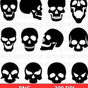 Puede incluir: Conjunto de diez siluetas de cr&aacute;neos en blanco y negro. Los cr&aacute;neos est&aacute;n en varias posiciones, incluyendo de frente, de lado y de espaldas. Todos los cr&aacute;neos son del mismo tama&ntilde;o y forma.