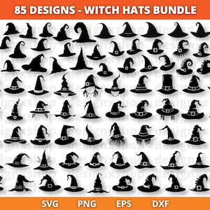 May include: A set of 85 black and white witch hat silhouette designs. The designs are perfect for crafting, scrapbooking, and other creative projects.