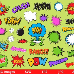 Comic-Stil Action Bubbles, Comic-Buch-Clipart, Superhelden-Clipart, Pop Art, Text-Requisiten, Geburtstagspaket, Comic-Ballonblasenkunst SVG