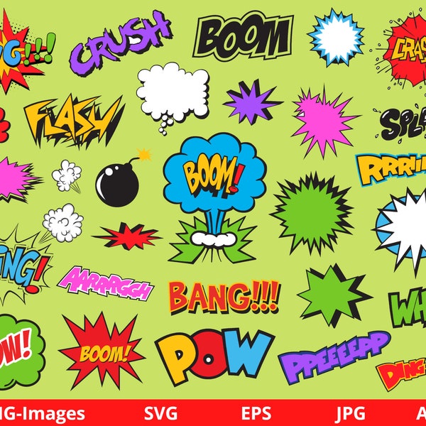 Comic Book clipart, Superheroes clipart, Pop Art, Text Props, Comic Style Action Bubbles, Birthday Bundle, Comic Balloon Bubble Art SVG