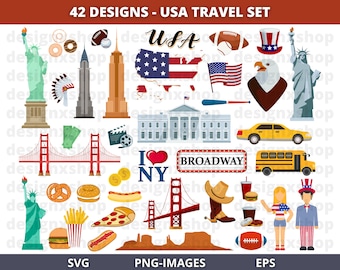 USA Travel Clipart: New York, Hollywood, American Landmarks (SVG & PNG)