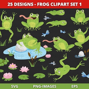 Frog Clipart Set: Pond Life Graphics (SVG, PNG)