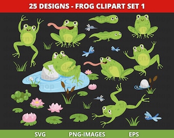 Frog SVG, Frogs Clipart, Cute Frogs, Frogs PNG, Cute Frog Bundle, Pond, Lotus, Lily Pad, Jumping Frogs, Instant Digital Download Graphics