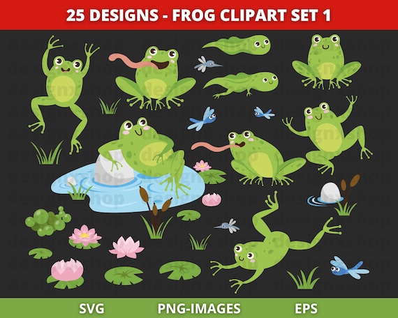 Frogs Clipart, Pond Clipart, lilypads Clipart, Butterfly Clipart, Dragonflies, Cute frogs, Tadpole Froglet Egg-Masses, Download SVG and PNG
