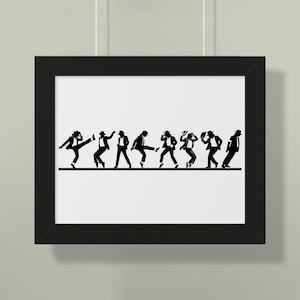 Puede incluir: Una impresi&oacute;n en blanco y negro enmarcada que presenta una silueta de una persona en varias poses de baile. Las figuras visten trajes y sombreros, realizando una serie de movimientos de baile ic&oacute;nicos. La obra de arte est&aacute; montada en un marco negro.