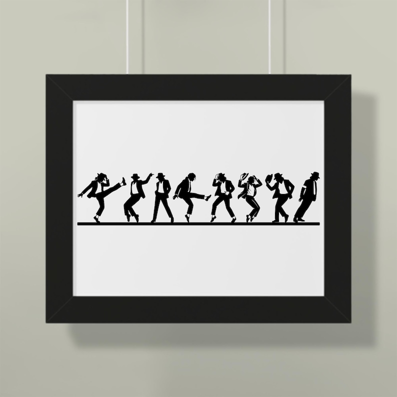 Puede incluir: Una impresi&oacute;n en blanco y negro enmarcada que presenta una silueta de una persona en varias poses de baile. Las figuras visten trajes y sombreros, realizando una serie de movimientos de baile ic&oacute;nicos. La obra de arte est&aacute; montada en un marco negro.