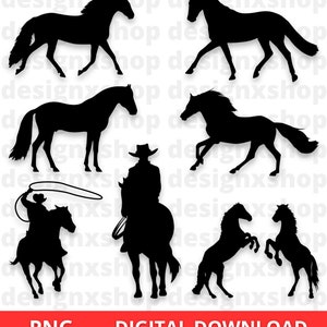 Op de afbeelding: Een set van acht zwarte silhouetbeelden van paarden. De afbeeldingen bevatten een paard dat rent, een paard dat staat, een paard met een cowboy die erop rijdt en twee paarden die op hun achterbenen gaan staan. De afbeeldingen zijn perfect voor knutselprojecten, scrapbooking of digitaal ontwerp.