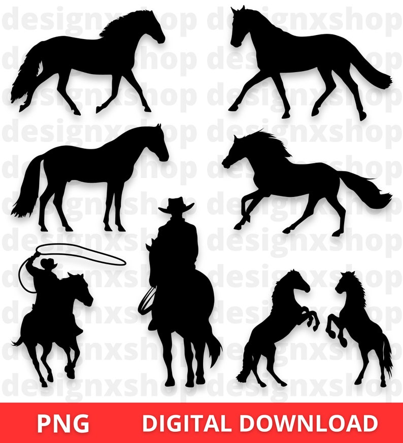 Op de afbeelding: Een set van acht zwarte silhouetbeelden van paarden. De afbeeldingen bevatten een paard dat rent, een paard dat staat, een paard met een cowboy die erop rijdt en twee paarden die op hun achterbenen gaan staan. De afbeeldingen zijn perfect voor knutselprojecten, scrapbooking of digitaal ontwerp.