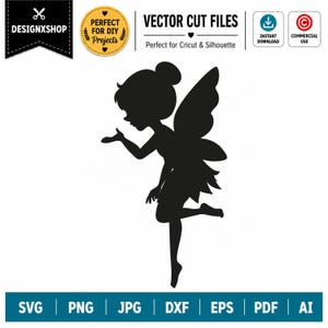 Fairy Silhouette SVG | Cute Fairy SVG Cut File for Cricut | Fairy PNG Dxf Eps Pdf Jpg | Fantasy Girl Clipart | Commercial Use