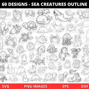 Ozean Tier Clipart, Meerestiere Digitale Briefmarken - Umrisse, Line Art, Meerestiere Umriss, Fische Clipart, Doodle, SVG, PNG, EPS, Dxf Dateien