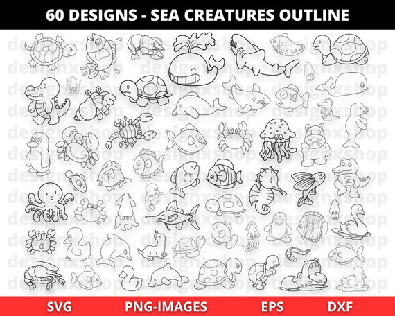 Ocean Animal Clipart, Sea Creatures Digital Stamps - outlines, line art, Sea Animals Outline, Fish Clipart, Doodle, SVG, PNG, EPS, Dxf Files