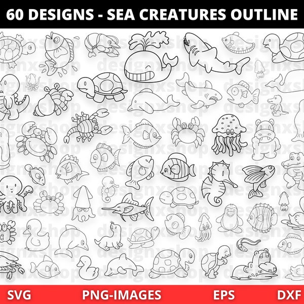 Ocean Animal Clipart, Sea Creatures Digital Stamps - outlines, line art, Sea Animals Outline, Fish Clipart, Doodle, SVG, PNG, EPS, Dxf Files