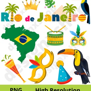 May include: A set of colorful illustrations featuring Brazilian carnival symbols, including a toucan, a crown, a drum, a mask, a party hat, a palm tree, a map of Brazil, and a horn. The text "Rio de Janeiro" is also included.