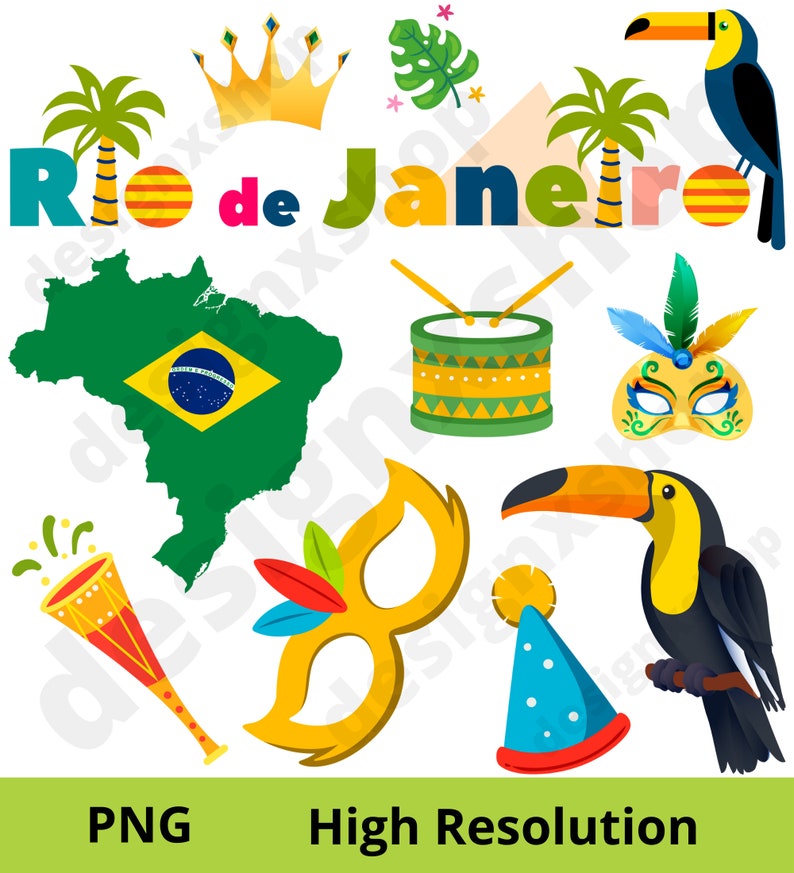 May include: A set of colorful illustrations featuring Brazilian carnival symbols, including a toucan, a crown, a drum, a mask, a party hat, a palm tree, a map of Brazil, and a horn. The text "Rio de Janeiro" is also included.