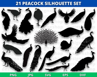 Peacock Silhouette SVG Bundle: Bird Clipart (Digital Download)