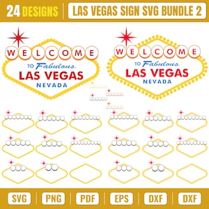 以下が含まれることがあります： 「Welcome to Fabulous Las Vegas」サインの24種類のデザインを含むデジタルグラフィックバンドル。赤、青、黄色のアクセントが付いた象徴的なダイヤモンド型のサインの様々なレイアウトが、SVG、PNG、PDF、EPS、DXF形式で収録されています。