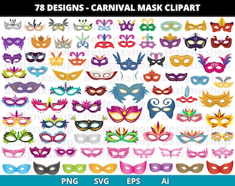 May include: 78 colourful carnival mask designs in various shapes and styles. The masks are in a variety of colours, including red, blue, green, yellow, purple, and orange. The masks are all in a flat, cartoon style. The text "78 DESIGNS - CARNIVAL MASK CLIPART" is at the top of the image. The text "PNG SVG EPS Ai" is at the bottom of the image.