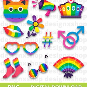 May include: A collection of rainbow-colored digital stickers featuring a cat head, megaphone, crown, lips, flower, hashtag, gender symbols, heart-shaped glasses, socks, round glasses, and a folding fan, with the text PNG DIGITAL DOWNLOAD at the bottom.