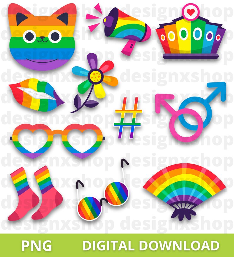 May include: A collection of rainbow-colored digital stickers featuring a cat head, megaphone, crown, lips, flower, hashtag, gender symbols, heart-shaped glasses, socks, round glasses, and a folding fan, with the text PNG DIGITAL DOWNLOAD at the bottom.