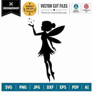 Fairy Silhouette SVG | Magical Fairy SVG Cut File for Cricut | Fairy PNG Jpg Dxf Eps Pdf | Fantasy Girl Svg | Tinkerbell | Commercial Use