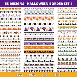 May include: Set of 55 Halloween border designs in various colors and styles. The borders feature pumpkins, bats, ghosts, spiders, candy corn, and other Halloween-themed elements.  SVG, PNG, JPG, and EPS file formats are included.