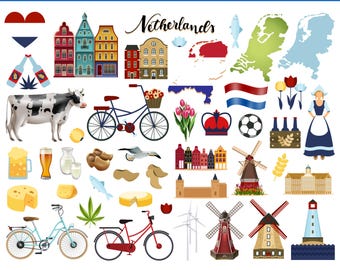 Pack SVG Voyage Pays-Bas | Hollande, Moulin à vent hollandais, Maisons d'Amsterdam, Tulipe, Vélo, Drapeau, Clipart Voyage PNG EPS Cricut Silhouette