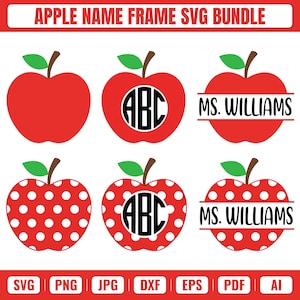 May include: A digital graphic set titled APPLE NAME FRAME SVG BUNDLE featuring six red apple illustrations with green leaves and brown stems. Designs include solid and polka-dot patterns, some with circular monogram frames or name split lines.
