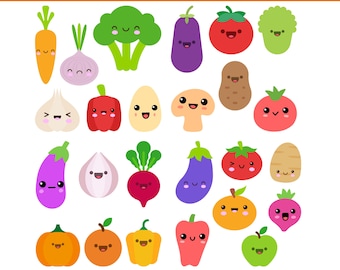 Paquete de SVG de verduras kawaii / 25 imágenes prediseñadas de verduras lindas en formato SVG, PNG y EPS / Archivos de corte de verduras de dibujos animados para Cricut, pegatinas y sublimación