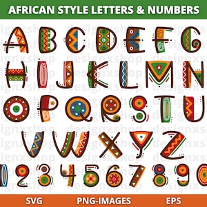 Lettere e numeri africani SVG, alfabeto africano, clipart lettere africane, carattere americano, carattere africano, download istantaneo SVG e PNG