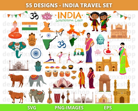 India Clipart, India Culture Clipart, Country Clipart, Travel clipart, Indian Clipart, India Map Clipart, Instant Download SVG and PNG