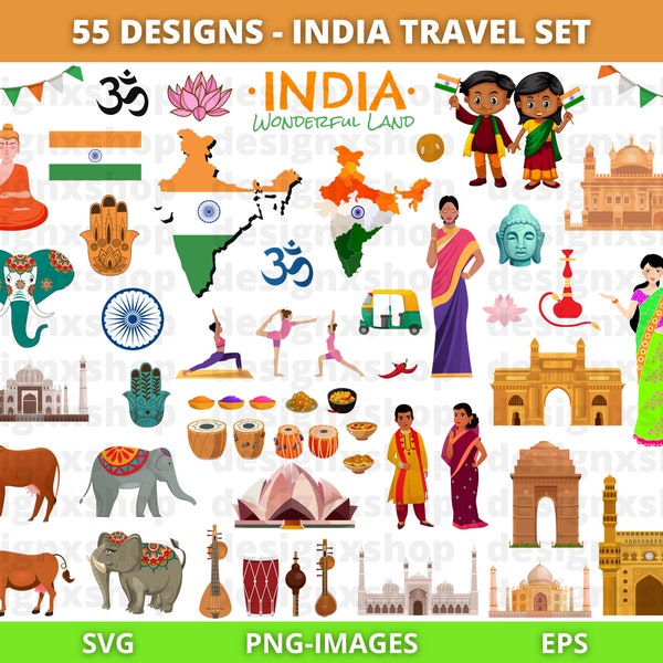 India Clipart, India Culture Clipart, Country Clipart, Travel clipart, Indian Clipart, India Map Clipart, Instant Download SVG and PNG
