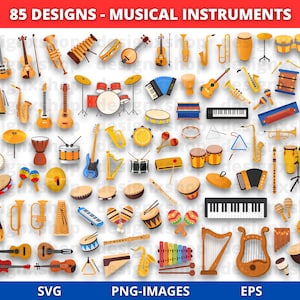 Clipart muziekinstrumenten | Muziekbundel | Gitaar | Viool | Drums | Xylofoon | Messing | Houtblazers | Piano | Trompet | Orkest | PNG-svg