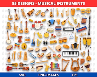 Musical Instruments Clipart | Music Bundle | Guitar | Violin | Drums | Xylophone | Brass | Woodwind | Piano | Trumpet | Orchestra | PNG SVG