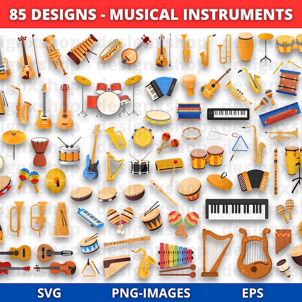 Musical Instruments Clipart | Music Bundle | Guitar | Violin | Drums | Xylophone | Brass | Woodwind | Piano | Trumpet | Orchestra | PNG SVG