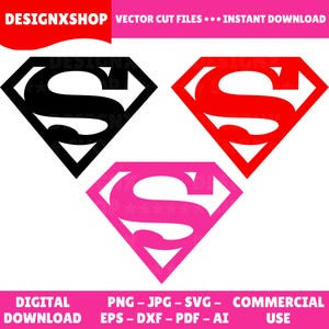 May include: Three superhero logo designs in black, red, and pink. Each logo features a diamond shape with a stylized letter "S" inside. The image includes text at the top and bottom indicating the product is a digital download.
