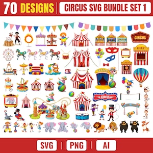 Circus SVG Bundle | 70 Circus Clipart Designs | Carnival PNG, Big Top Tent, Clown, Animal, Ferris Wheel, Party Decor | Cricut Silhouette