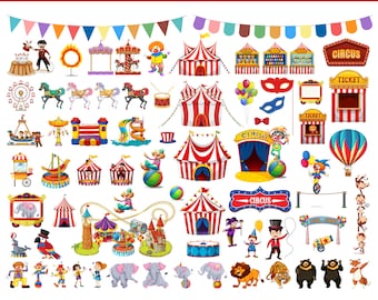 Circus SVG Bundle | 70 Circus Clipart Designs | Carnival PNG, Big Top Tent, Clown, Animal, Ferris Wheel, Party Decor | Cricut Silhouette